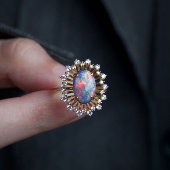 The Wind Opal Jewelry - Certificated 2.26ct Play of Color Black Opal Diamond Halo Engagement Ring 18K Go